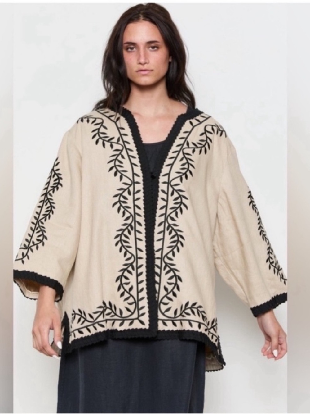Linea by Louis Dell'Olio Boho Beige and Black Embroidered Linen Jacket. XL. NWT.